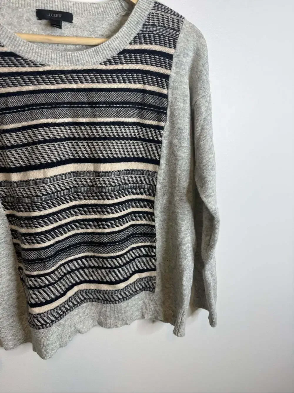 J. Crew Gray Crewneck Sweater with Navy and Cream Stripes wool rabbit hair small